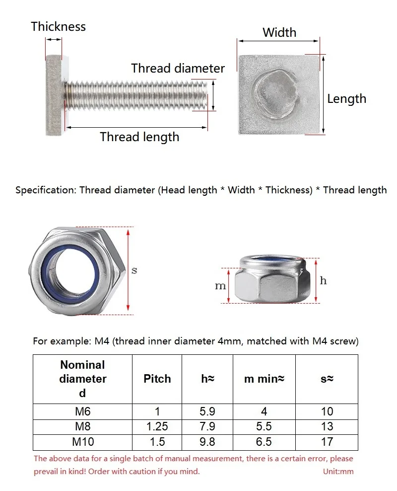 M6 M8 M10 304 Stainless Steel Screw Chute Rail Track T-Shape Bolts Rectangle Hammer Head Bolt And Nylon Insert Lock Nut Set