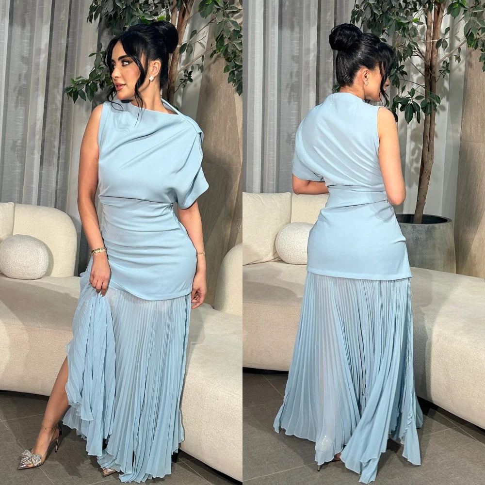 Satin Draped Beach A-line High Collar Bespoke Occasion Gown Midi Dresses