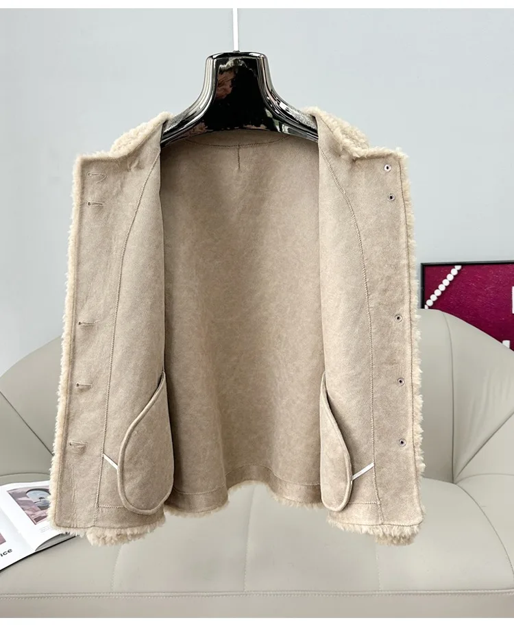 معطف فرو خروف قصير برقبة دائرية للنساء لخريف وشتاء 2025 جاكيت شيرلينغ دافئ جديد PT509