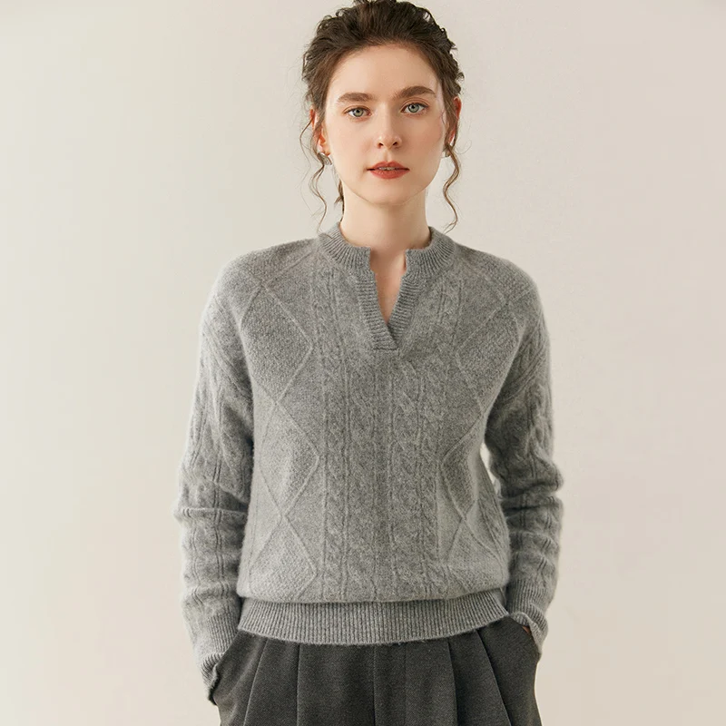 

Women's 100% Cashmere Scissors Collar Classic Cable Knit Pullover Casual Fashionable Long-Sleeve Sweater Autumn Winter Soft Top