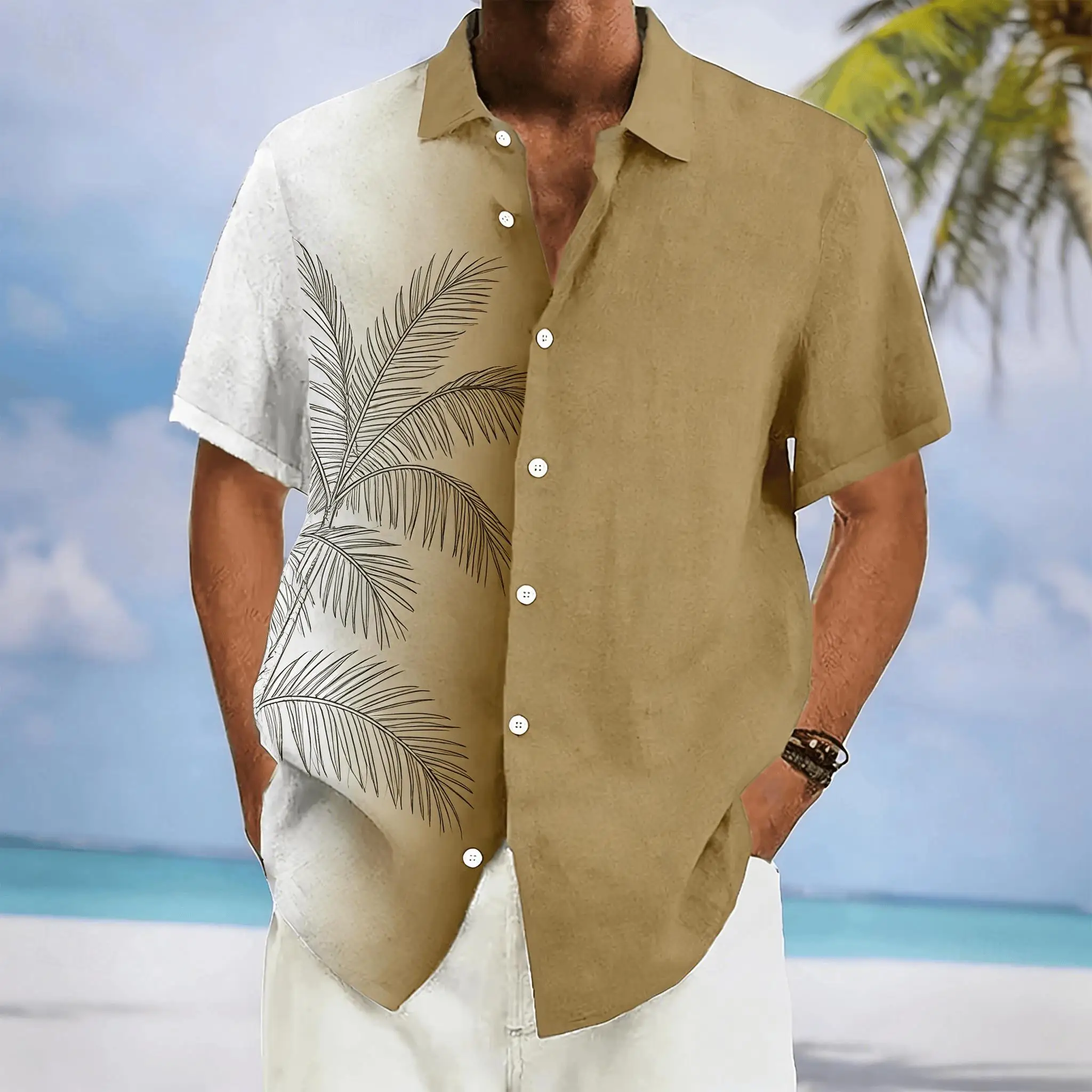 Men's Tropical Color Block Shirt, Half Palm Tree Print Short Sleeve, Casual Turn-Down Collar for Spring Summer