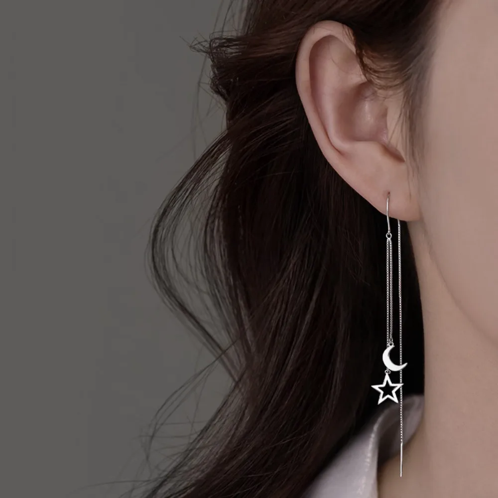 Korea Temperament 925 Sterling Silver Hollowout Five-pointed Star Moon Long Tassel Ear Wire Dangle Earrings for Women Jewelry