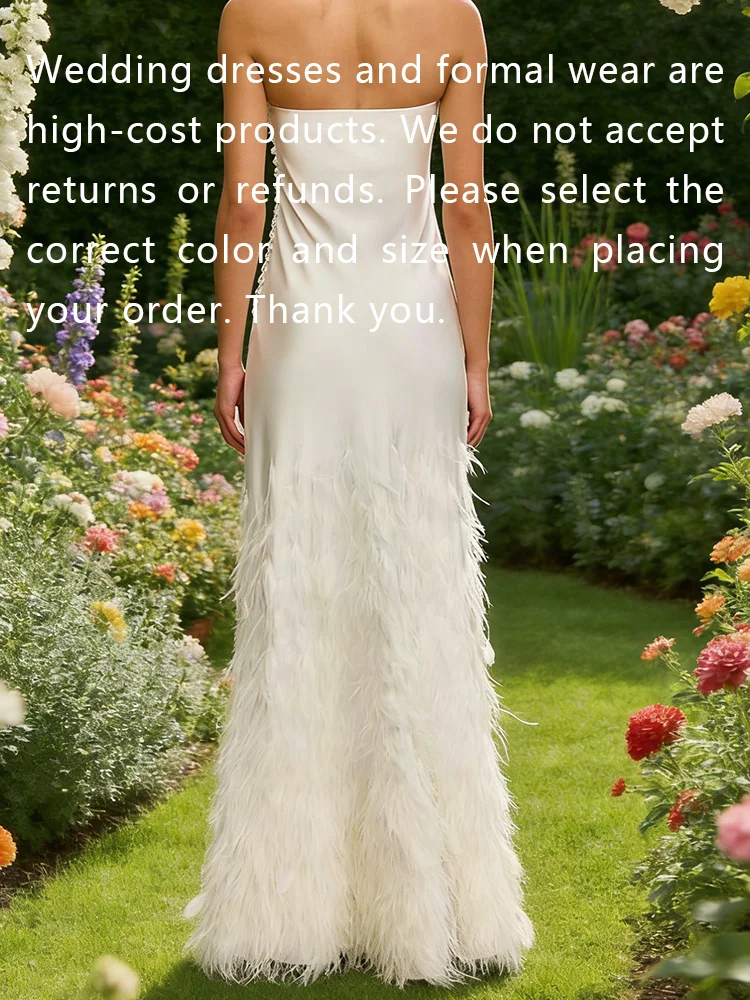 Classic Strapless Satin Sleeveless Feather Straight Bride Wedding Dresses Bridal Gowns Customized