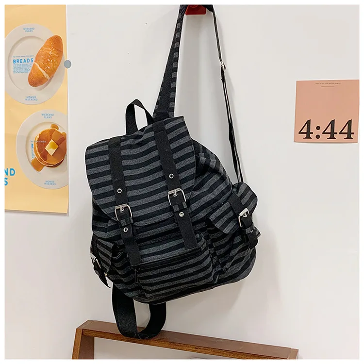 High Quality Korean Style Retro  Backpacks Drawstring Design Flat Stripe Bookbags Large Capacity Soft Tote Bags Unisex