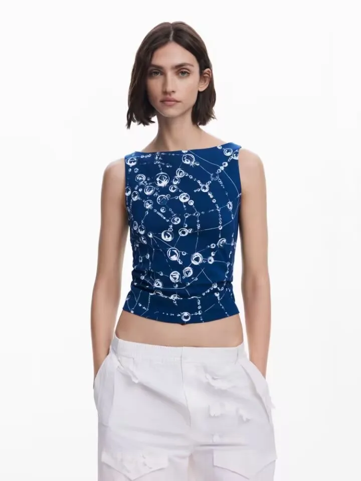 Spain new drop print collar sleeveless stretch fashion women's jumper