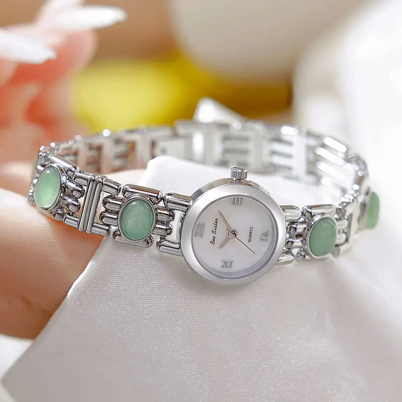 Premium Natural Dongling Stone Chain Watch Green Gemstone Gold Steel Belt Quartz Women's Watch Relogio Feminino