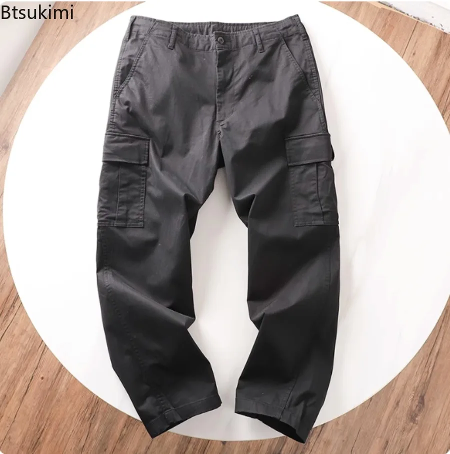 Casual Washed Cotton Elasticity Loose Cargo Pants Multi Pockets Straight Men Pants Solid Leisure Spring Trousers for Daily Wear