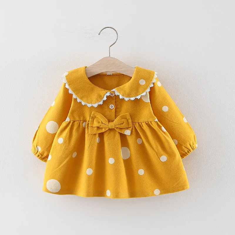 Spring and Autumn Baby Girl Clothes Baby Girl Fashion Doll Collar Long Sleeve Top Bow Polka Dot Printed Bottom Shirt