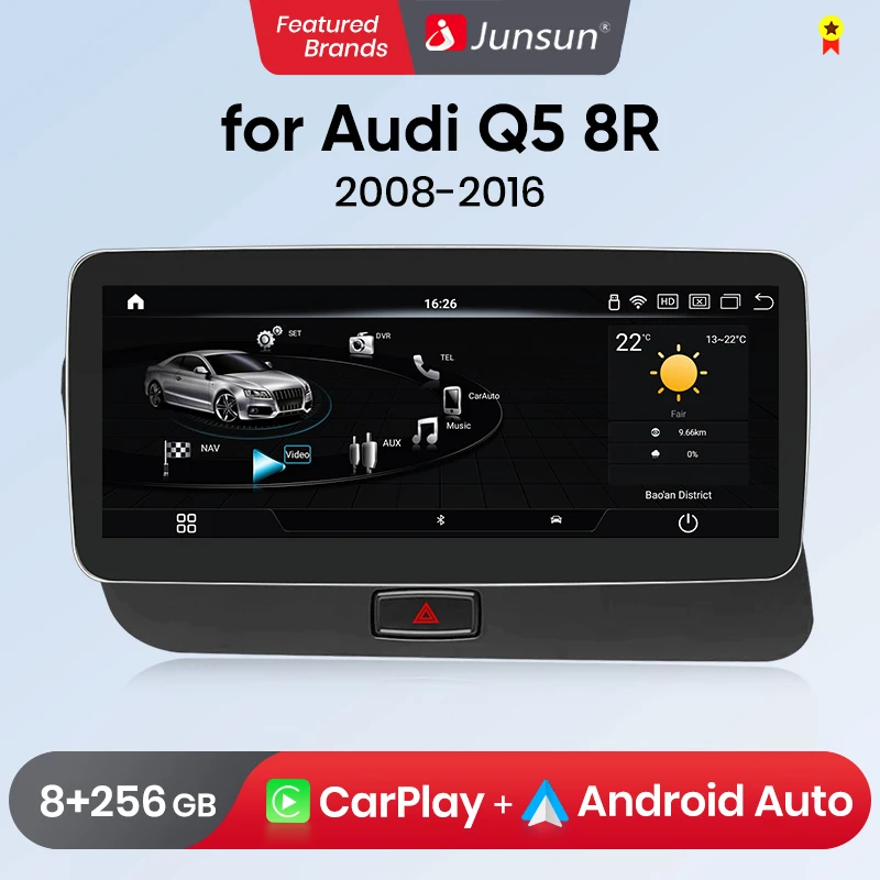 Junsun Qualcomm 665 Wireless CarPlay Andorid 13 Auto Car Radio For Audi Q5 8R 2009 2010 2011 2012-2016 Multimedia GPS 4G Navi