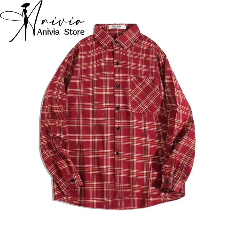 

Women's Red Grid Casual Shirt Turn-down Collar Long Sleeve Y2K Harajuku High Street Aesthetic Fashion Hip Hop Retro Top Clothing