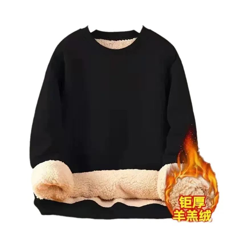 Autumn Winter Men's Sweatshirts Fleece Thick Solid Color Bunched Sleeves Cold-proof Warm Clothes O-neck Loose Hoodless Top M-5xl