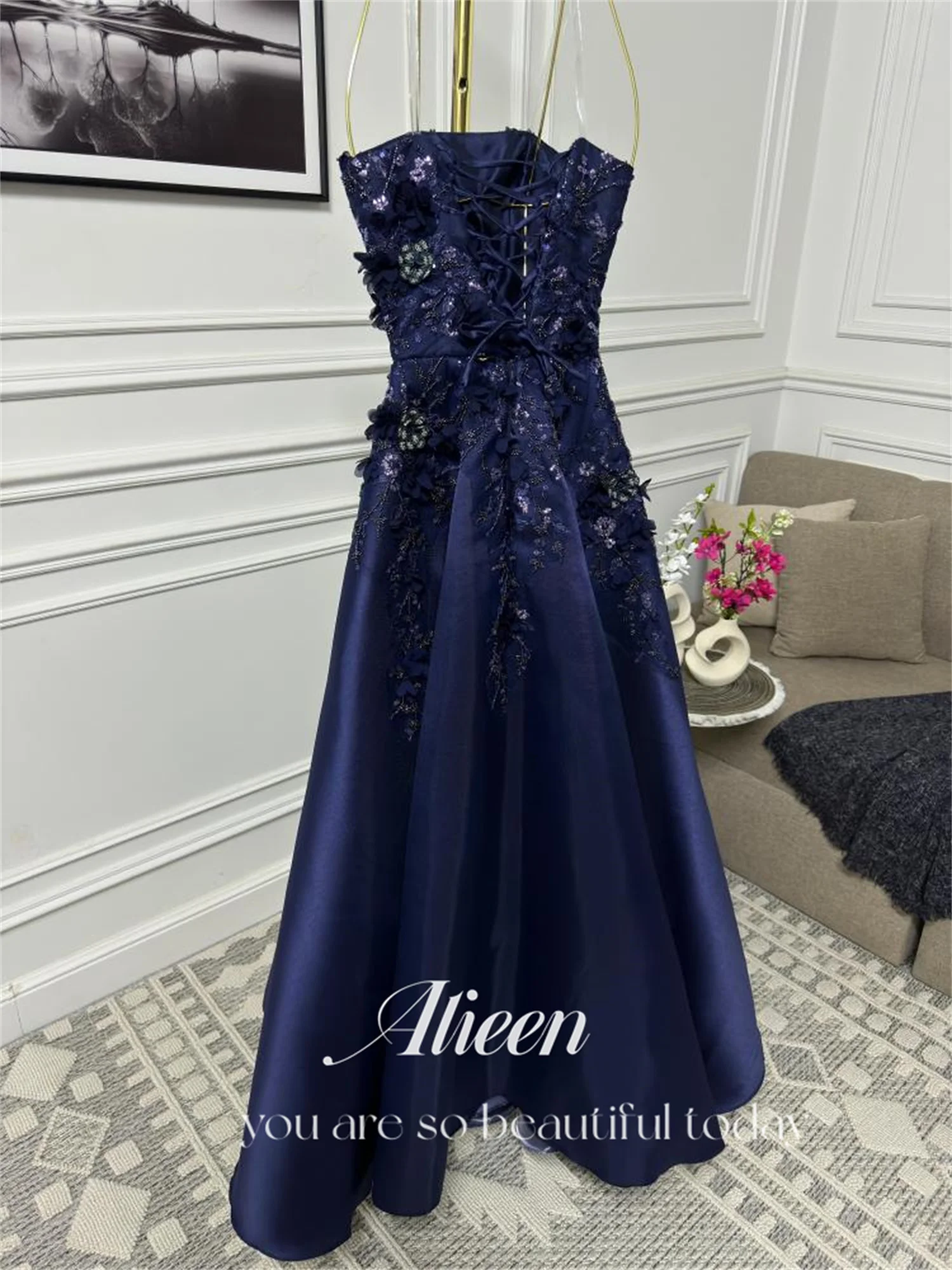 Aileen Customized Navy Blue 3D Flowers Chubby Elegant Party Dresses for Women 2024 Evening Woman Gala Prom Wedding Dress Luxury