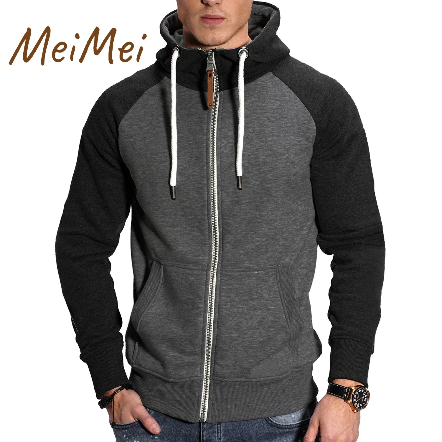 

Urban Fashion Hooded Sweatshirts Retro Turtleneck Raglan Sleeve Sweater European Color Matching Plus Velvet Cardigan Male Coat