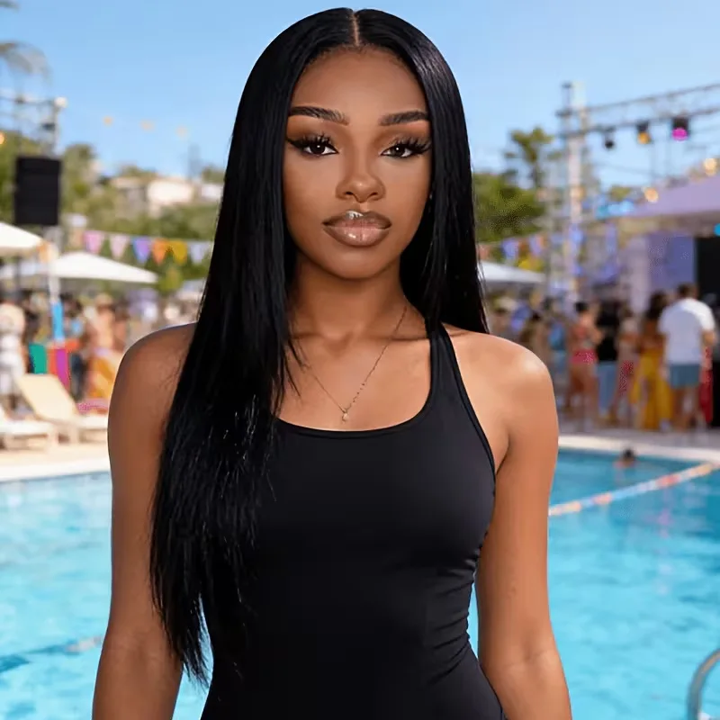 European and American wigs 22 Inch-long black middle-parted straight hair High-temperature silk smooth middle-parted straight ha