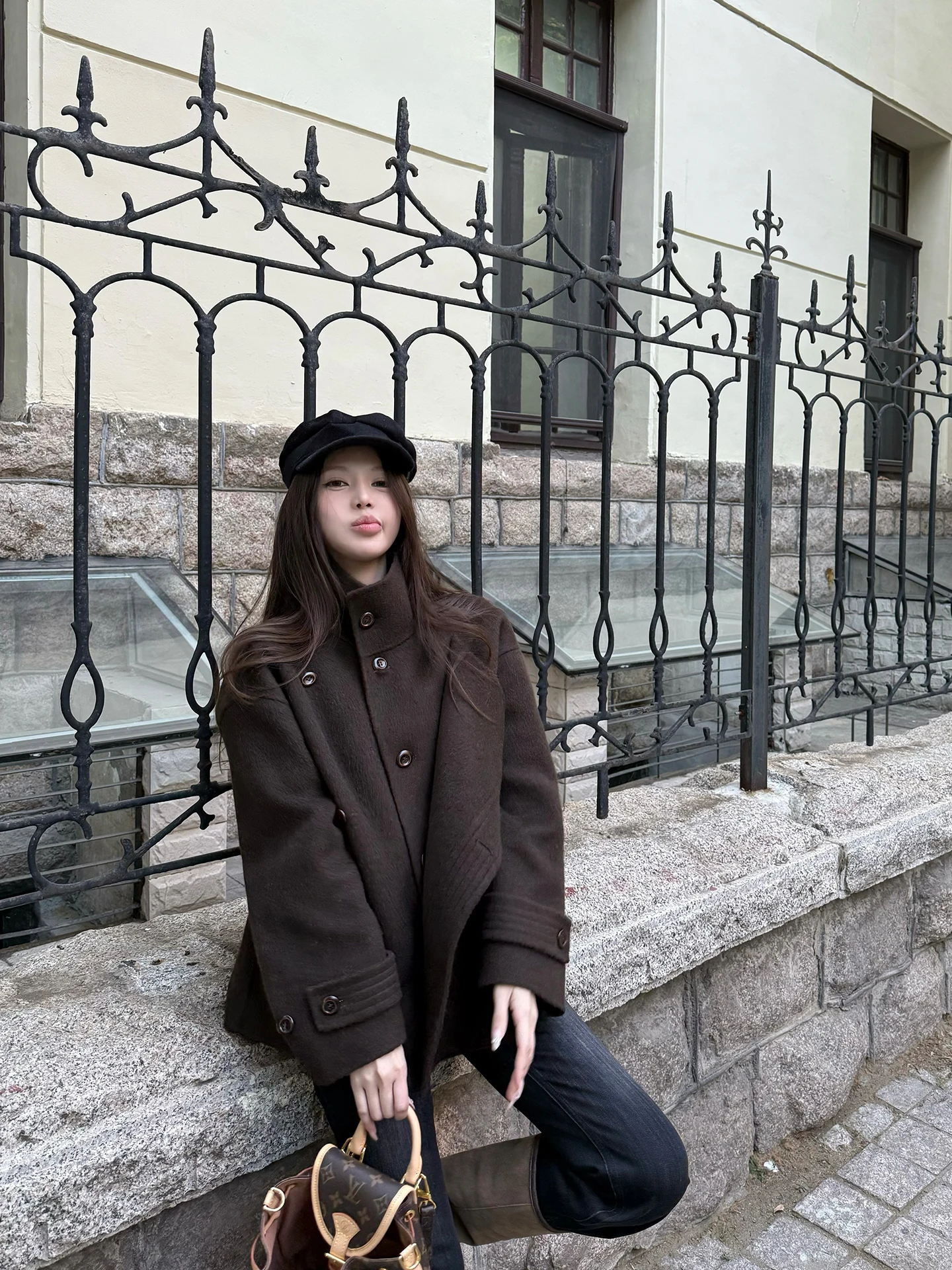 

Sister Titi Kyoto M Woolen Coat Women's Autumn Winter Brown Stand Collar Long Sve Color Loose Fit Faionable