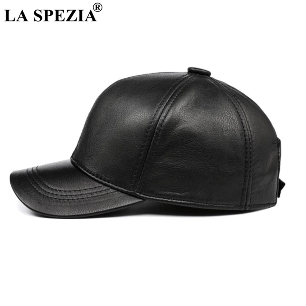 LA SPEZIA Real Leather Baseball Caps White Black Mens Hats and Caps Genuine Leather High Quality Winter Curved Brim Snapback Hat