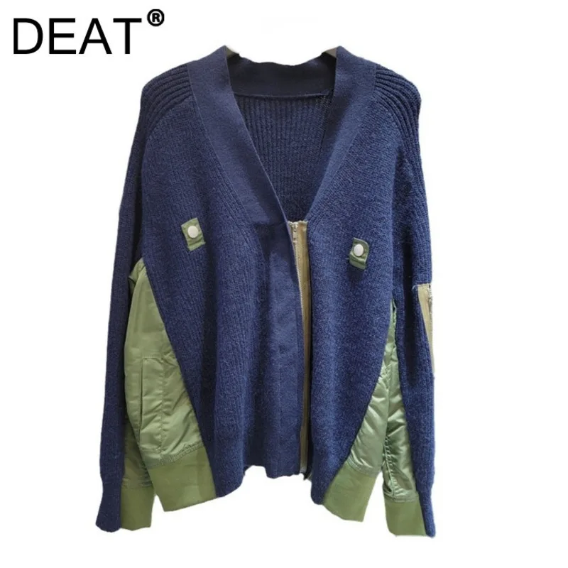 DEATผู้หญิงเสื้อสเวตเตอร์ถักหลวมPatchworkปลอม 2 ชิ้นซิปRaglan Sleeve Vคอถักเสื้อกันหนาว 2024 ใหม่ฤดูใบไม้ร่วงแฟชั่น 29L8934