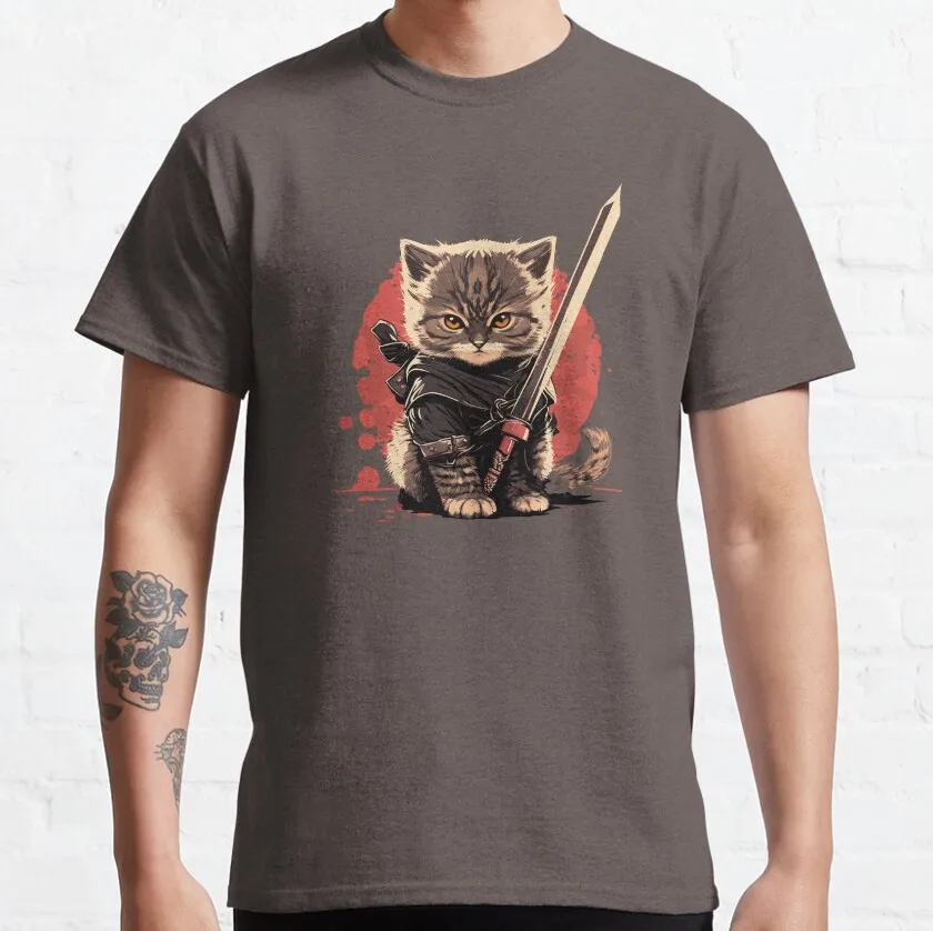 Cute black cat kawaii Samurai Kitten ninja cat warrior sword T-Shirt kitty cat 100% cotton printed men's clothing