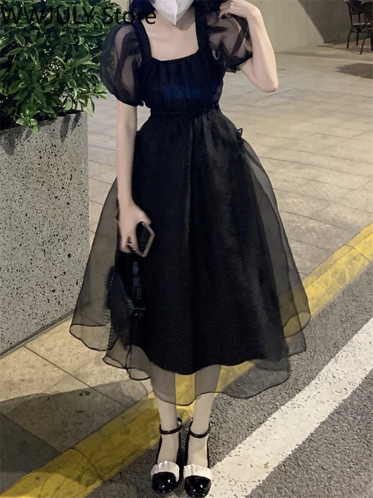 Vintage Black One Piece Dress Korean Short Sleeve Elegant Midi Dress Woman Party 2022 Summer Slim Casual Sexy Backless Dress