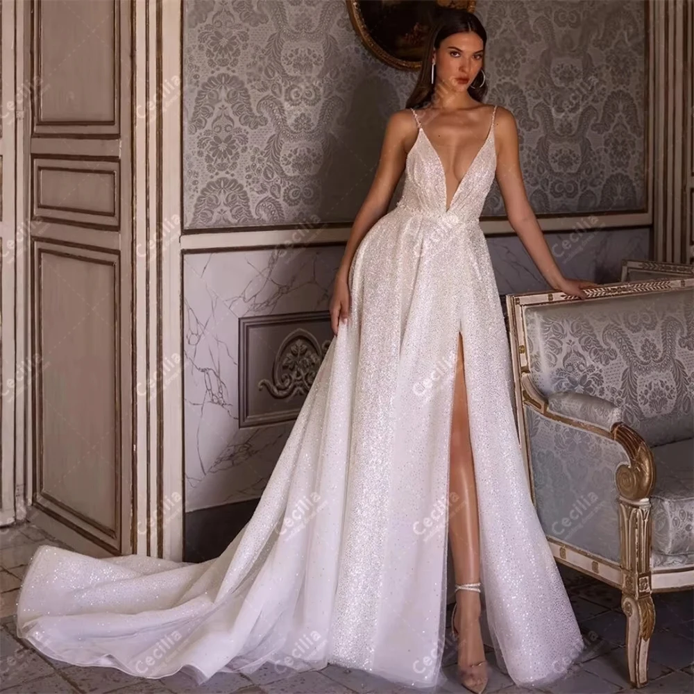Graceful Wedding Dresses A Line Glitter Bridal Gowns Spaghetti Straps Robes Deep V Neck Charming Customized Vestidos De Novia
