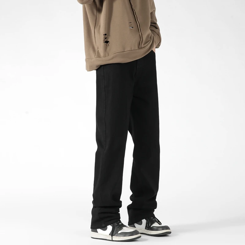 2025 الكورية الخريف جينز بسيط الرجال بلون جميع الأسود عادية السراويل الفضفاضة مستقيم واسعة الساق سراويل جينز الذكور طويلة #5