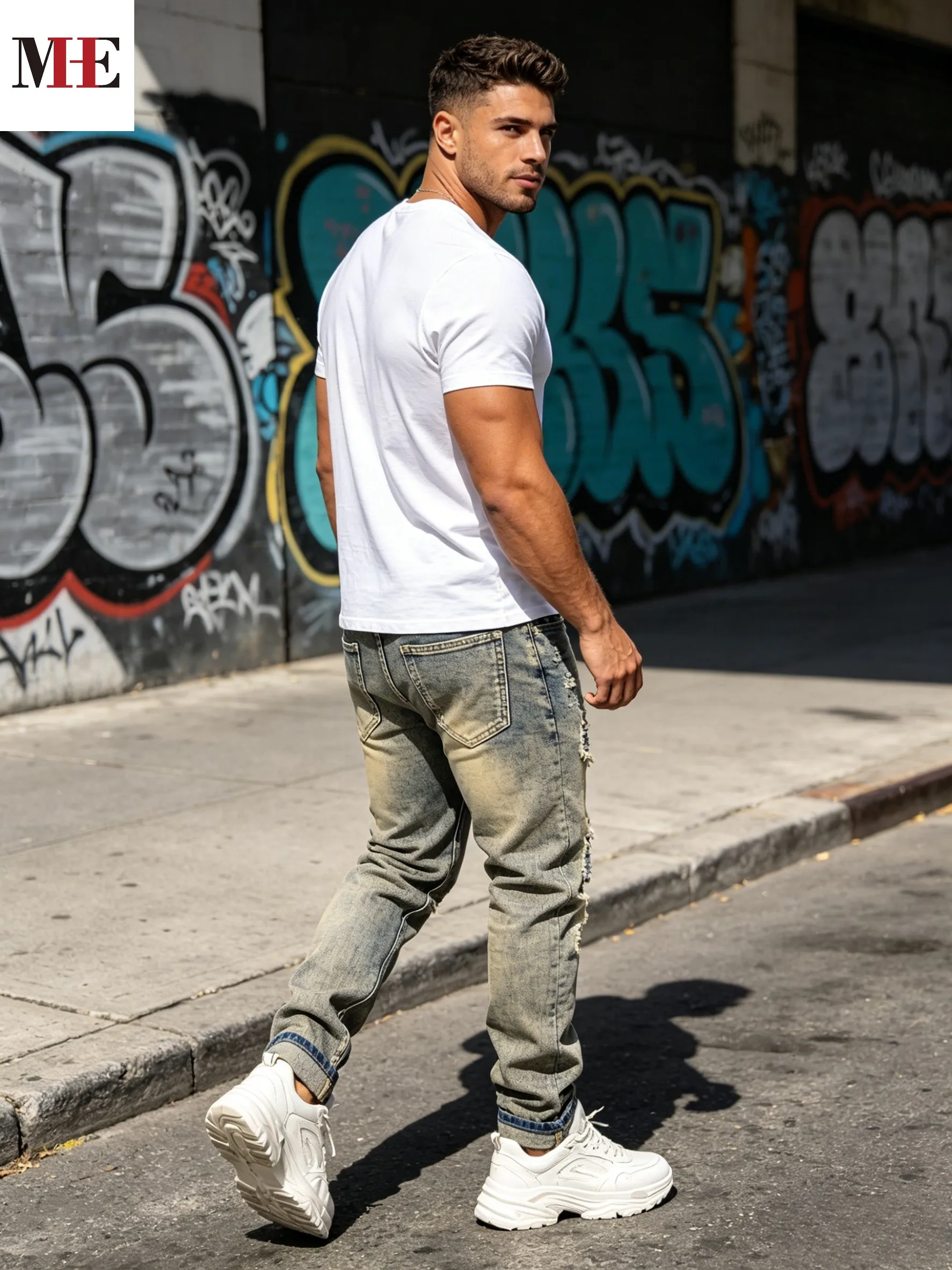 HME Distressed Casual Denim Pants, Mud Gradient Long Denim Pants with Mesh Lined Destroy Holes for Vintage Daily Outfits