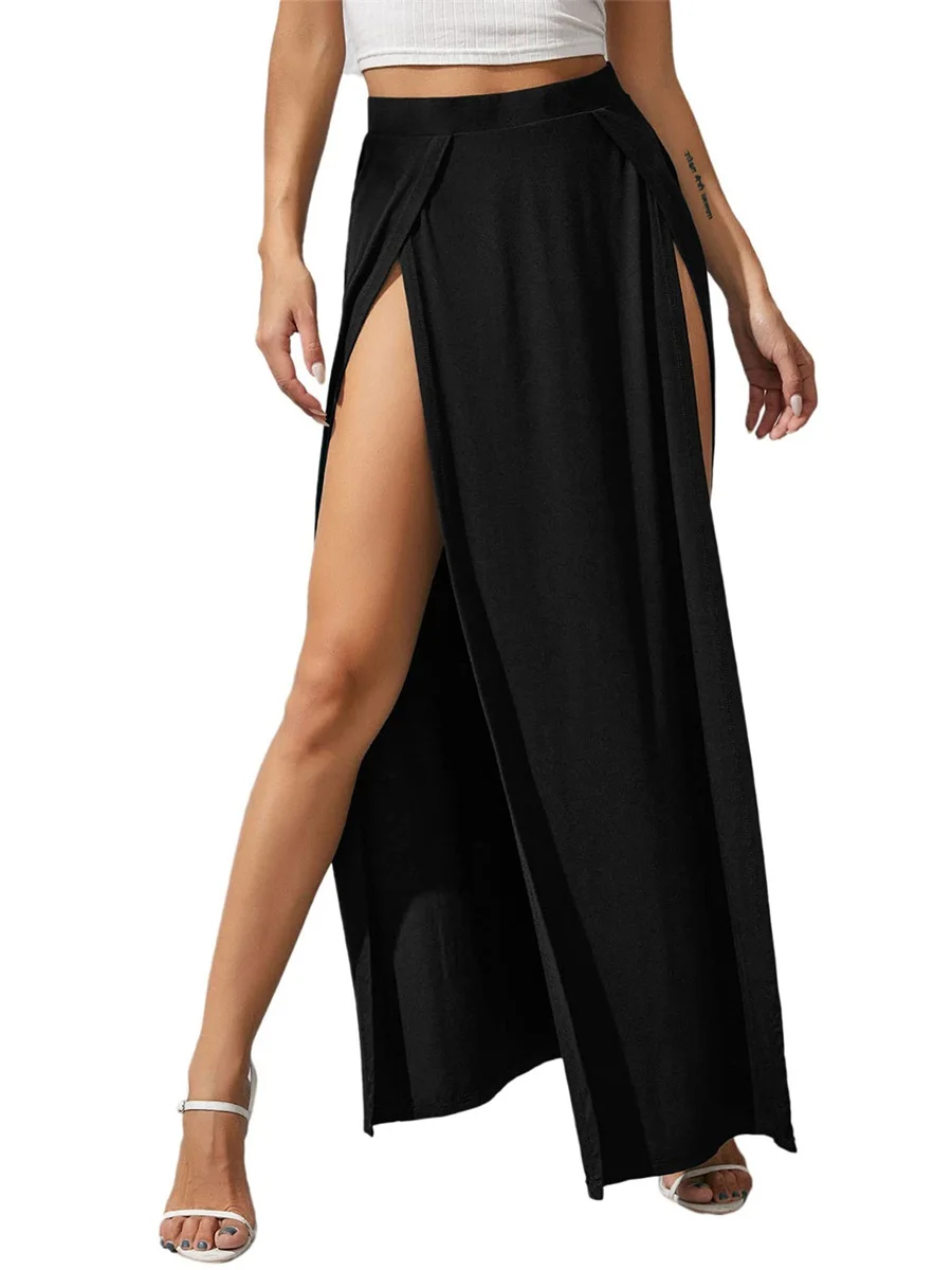 

Women Elastic High Waist Skirt Solid Color Side High Split Loose Fit Sweat Absorption Long Beachwear Skirt