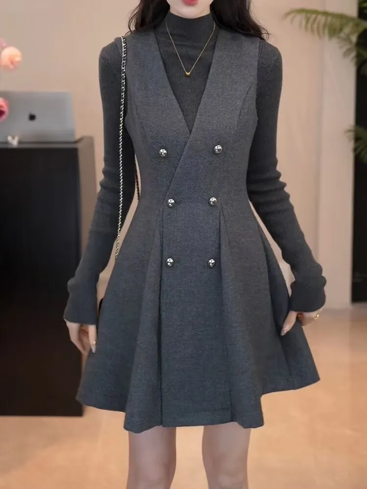 

Модный повседневный элегантный корейский женский осенне-зимний комплект: пальто средней длины с длинными рукавами, жилет и юбка (комплект из двух предметов)