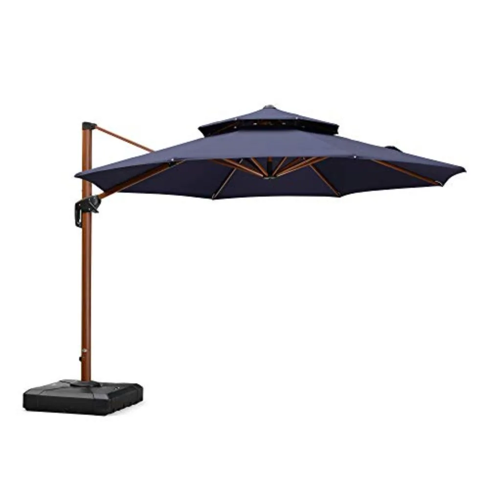 Patio Umbrella 11ft Double Top Wood-Grain Finish, Navy Blue | Braced frame holds firm, 240GSM fade-resistant fabric