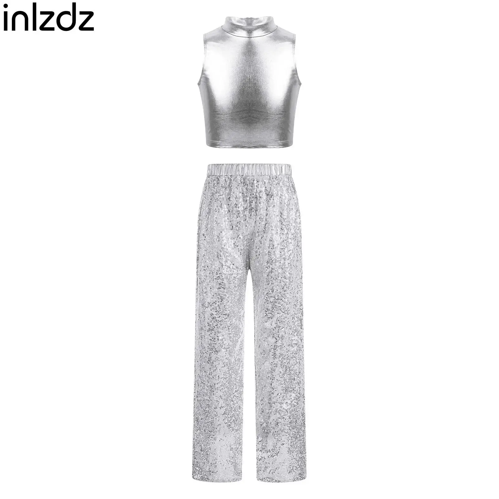 

Girls Hip Hop Dance Set Metallic Shiny Crop Top And Sparkly Sequin Pants for Jazz Dance Performance School Cheerleading Clothing