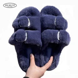 Pantofole invernali calde in pelliccia piatta da donna in pelliccia sintetica Fluffy Furry Home Slides donna Comfort antiscivolo scarpe da esterno per interni pantofole da donna