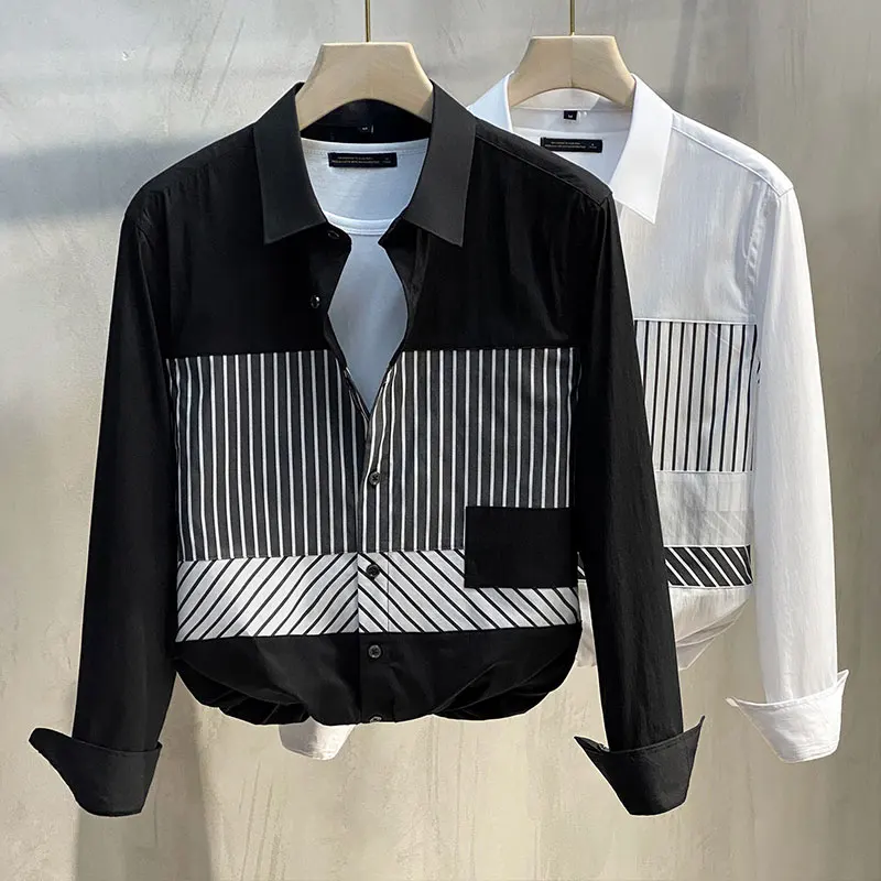 Elegant Fashion Harajuku Slim Fit All Match Shirt Stand Collar Stripe Button Long Sleeve Outerwear Loose Casual Male Clothes