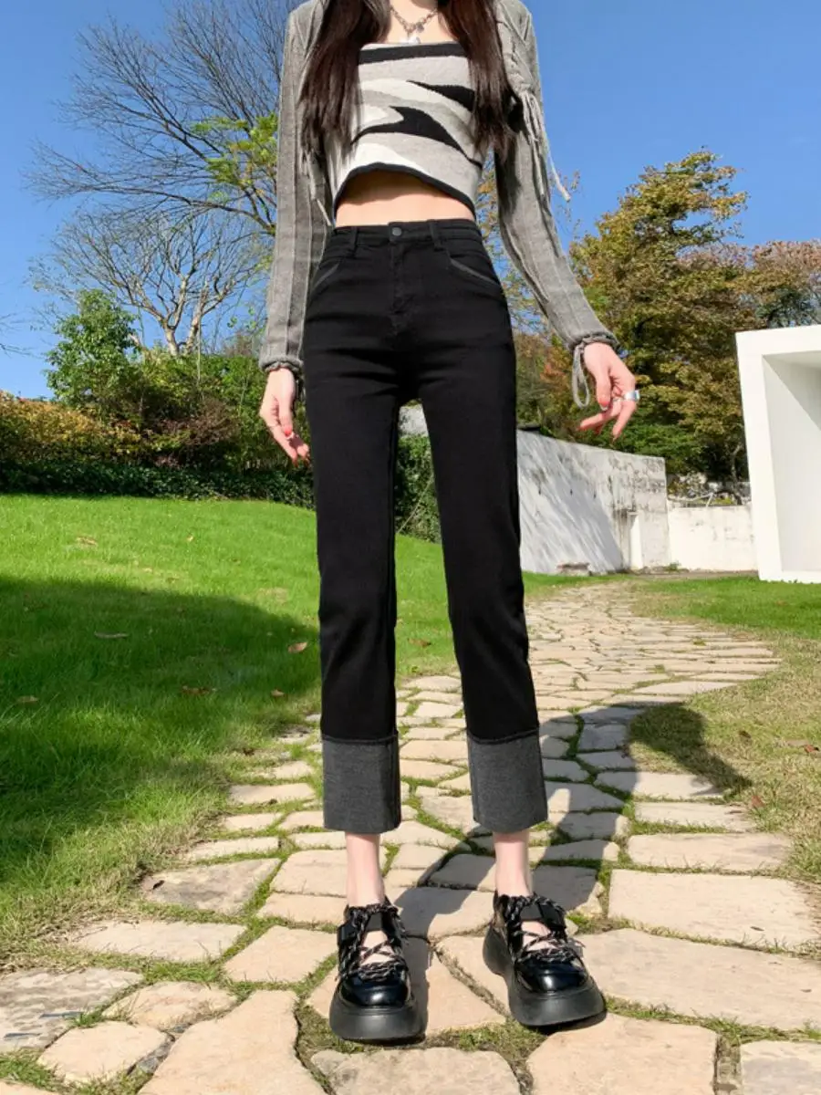 

High Waist Slim Fit Straight Leg Jeans Women's Fashion Nine Points Splicing Tube Pants Elasticity Design Summer Collection