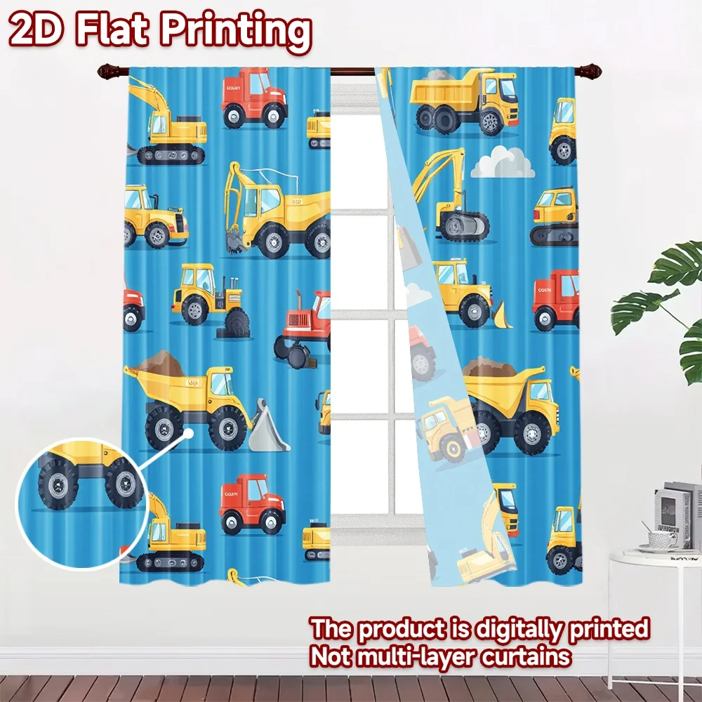 2D flat 2pcs Curtain French Romantic Style Construction Vehicles on Blue Digitally printed polyester, colorfast Birthday Party