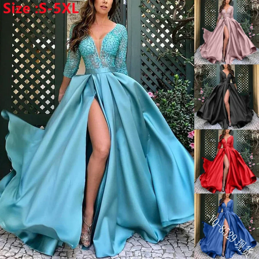 

New 2024 Women's Sequins Beads Prom Dress Big Swing Sexy V-neck Trailing Banquet Wedding Evening Dress Ladies Vestidos De Fiesta