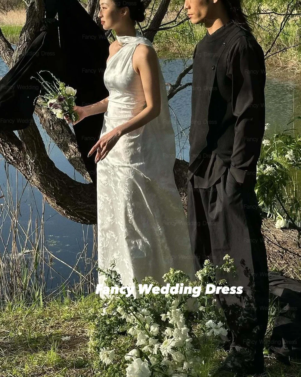 Abito da sposa fantasia con fiori stampati di alta qualità senza maniche Corea donna fotografia abito da sera lunghezza pavimento personalizzato