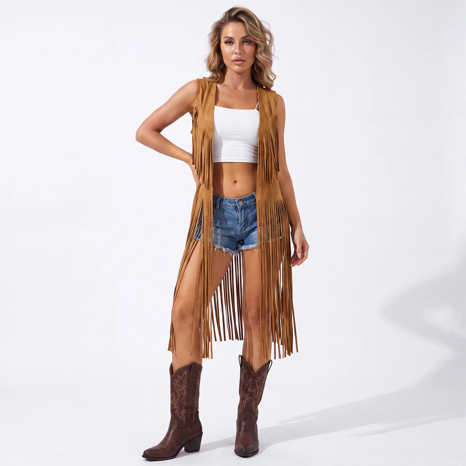 Gilet long à franges pour femme, style western tendance, couleur unie, ouvert sur le devant, veste sans manches de cowgirl