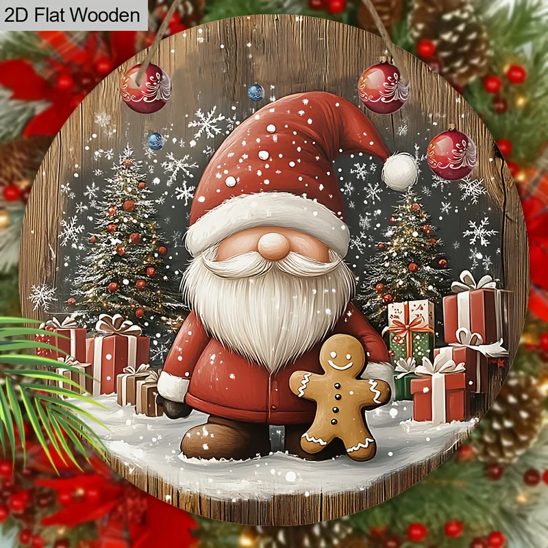 2D Flat, 1pc Rustic Wooden Christmas Sign with Gnome & Gingerbread for Man Design - 2D Flat Wall Hanging Ornament for Front Door
