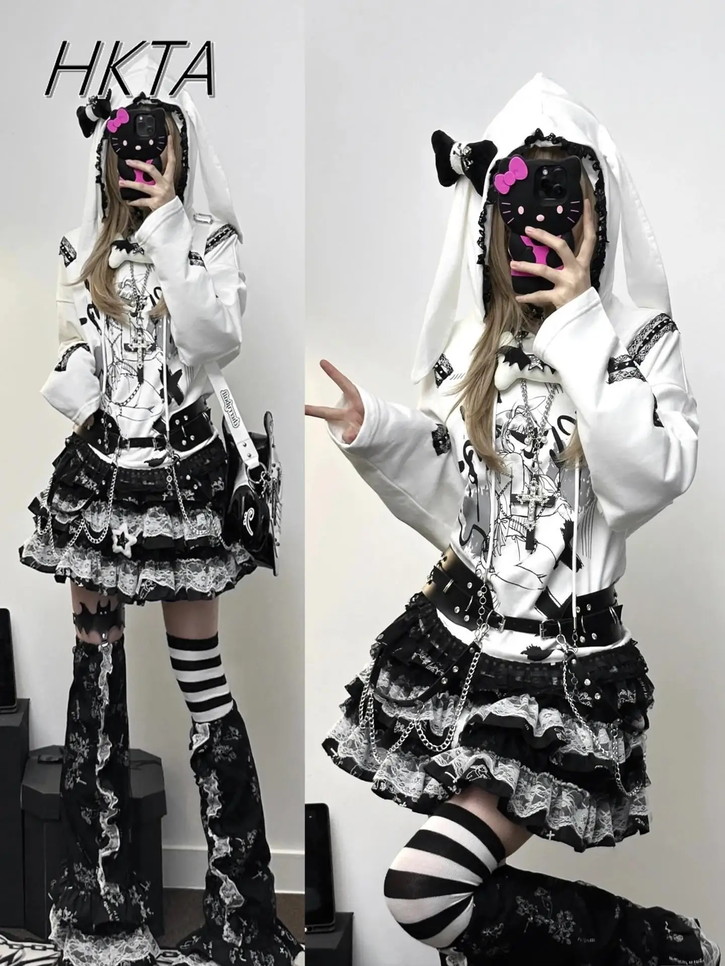 

Japanese Y2k Top Hoodie Coat Women Subculture Two Dimensional Cartoon Hooded Sweatshirt Jacket Lace Print Cake Mini Skirt