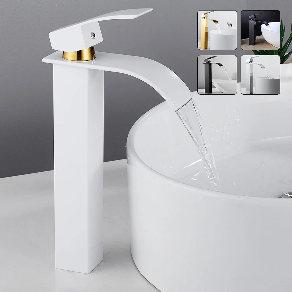 

Basin Mixer Tap Counter Top Deck Mounted Faucet Tall Waterfall Bathroom Taps Hot Cold Water for Bathroom Kitchen Square Faucet