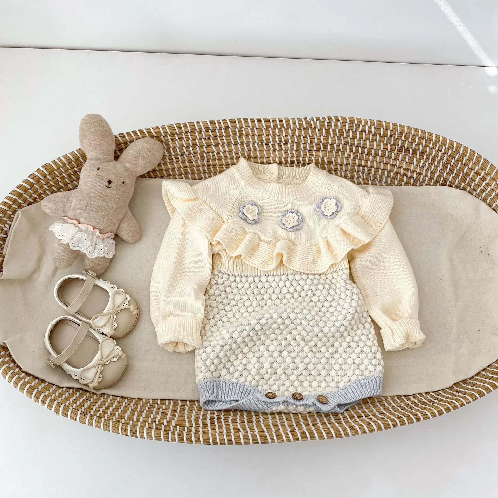 Baby Girl's Sweater, Knitted Sweater, Knitted Crochet Flower Contrasting Color, Hoodie, Jumpsuit, Crawling Suit