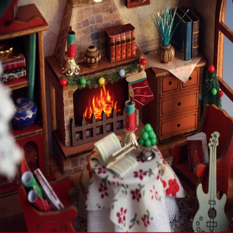 عشية عيد الميلاد Dream منزل مصغر DIY، مشهد كرة الثلج الخشبية ثلاثية الأبعاد مع أضواء، هدية العيد للبالغين #3