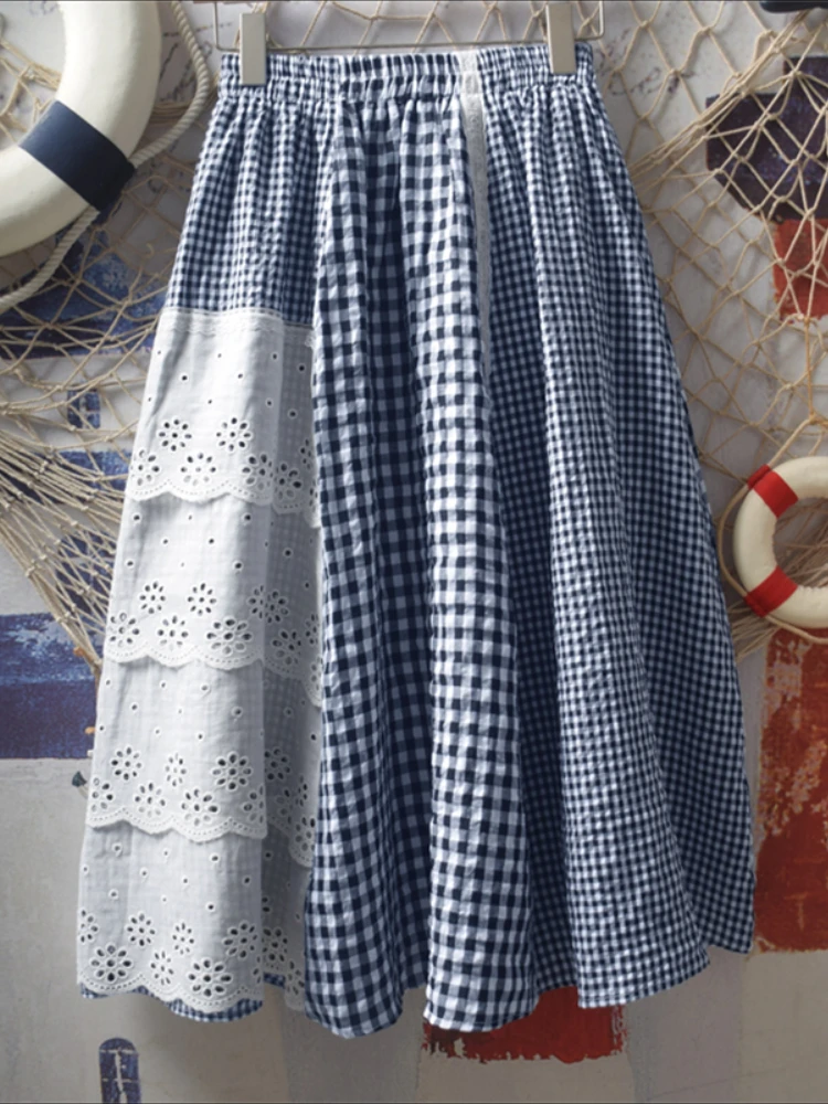 ZANZEA bohème Plaid Jupes femmes longues Maxi Jupes 2025 mode dentelle Patchwork décontracté fête taille élastique Jupes Faldas Saia