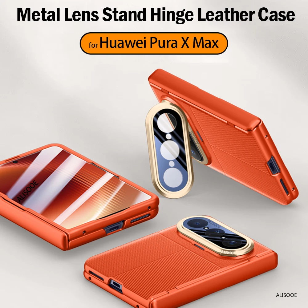 

Hinge Cover for Huawei Pura X Max Case Fashion Leather Metal Lens Kickstand Protective Capa Funda with Front Glass Film