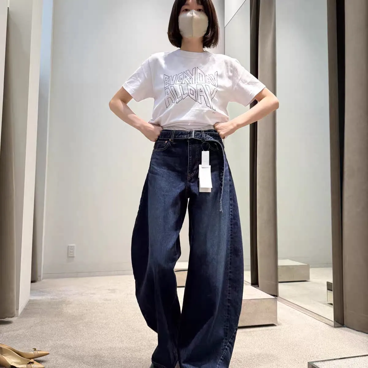 SAC Japanese 2026 spring high-waisted wide-leg pants jeans casual lace-up scimitar trousers women