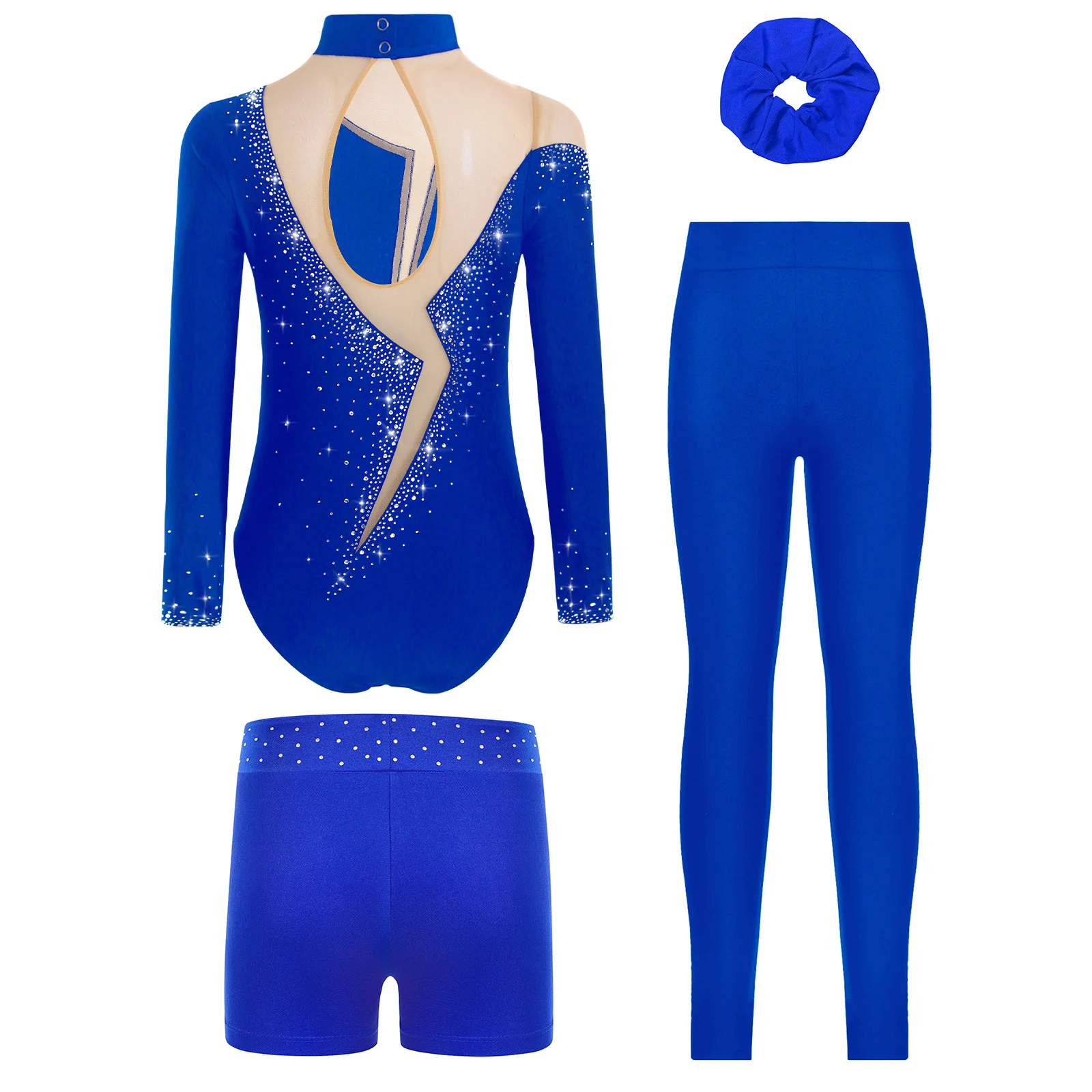Детский комбинезон для художественной гимнастики для девочек, спортивная одежда, балетный трико со стразами + шорты + леггинсы + повязка для волос, комплект танцевальной одежды для подростков