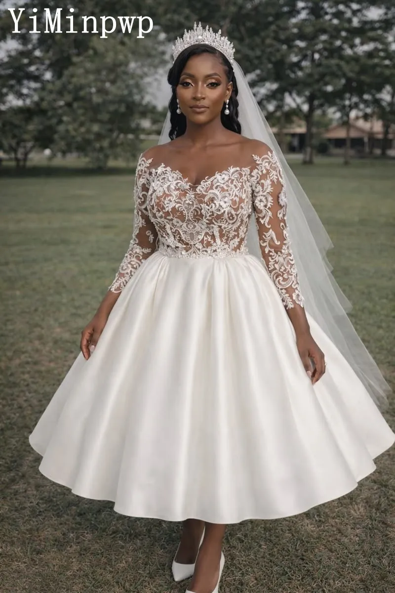 2026 Tea Length Wedding Dresses for Bride Sheer Neck Three-quarter Sleeve Lace Satin Garden Africa Civil Bridal Gown Customized