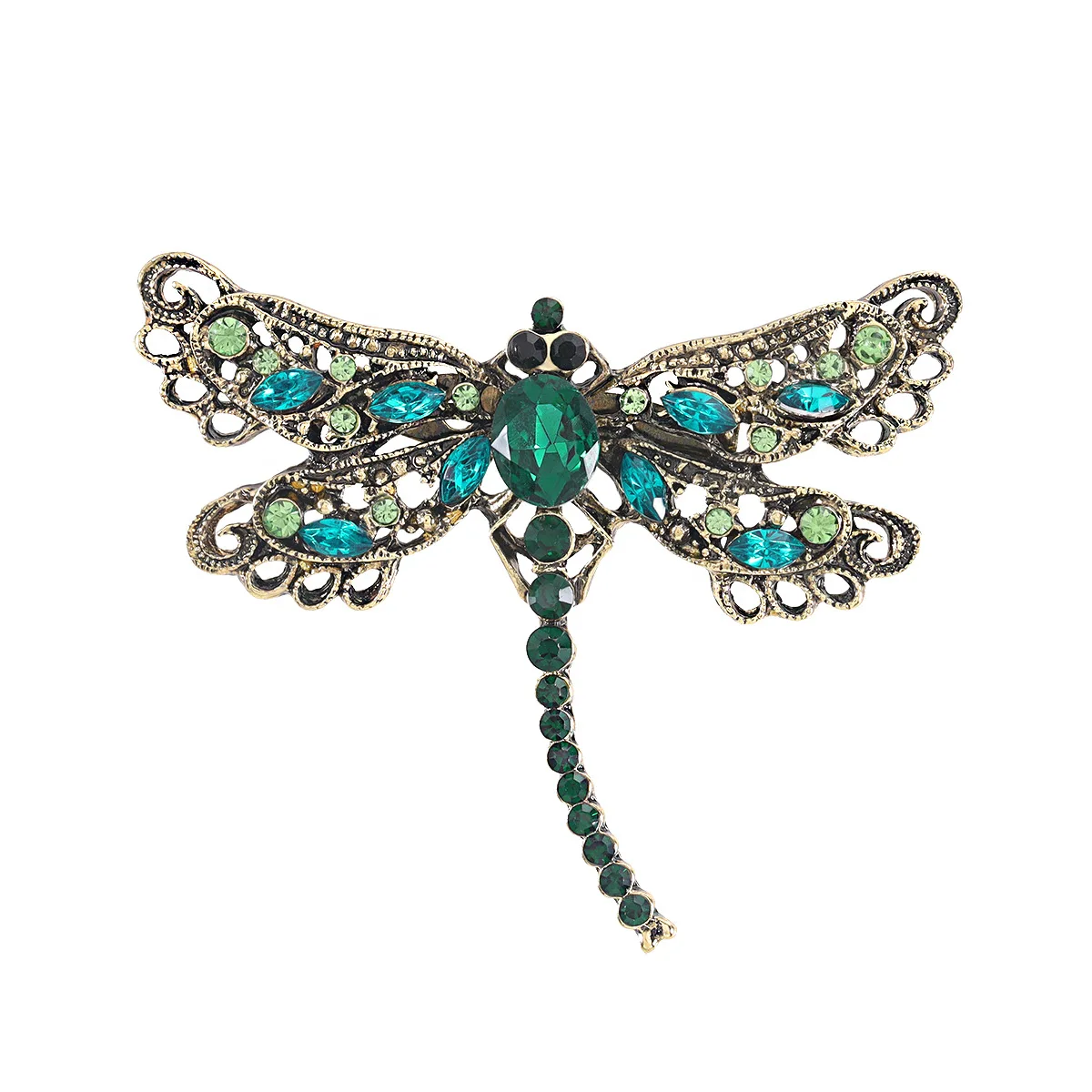 دبابيس اليعسوب العتيقة الأنيقة دبابيس حشرات كريستال خضراء وحمراء رائعة مع أجنحة سبيكة إكسسوارات زهور رقيقة #4