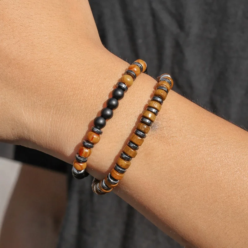 Best-selling Multi-layer Wood Bead Bracelets Sets Men's Retro Style Multi-layer Elastic Thread Adjustable Wooden Bracelet