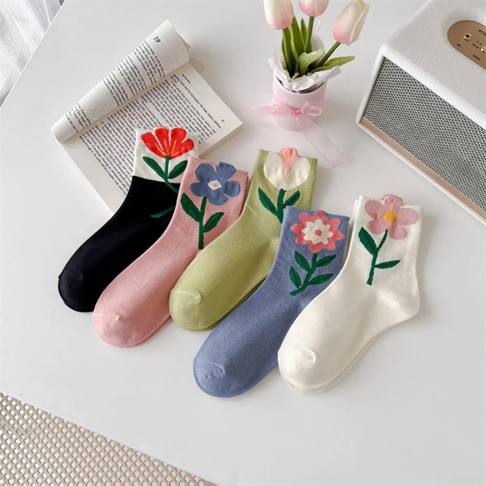 

1 Pair Women Socks Spring Tulip Series Women Medium Hose kawaii Versatile Soft Breathable Flower Print Anti-slip Mid Tube Socks